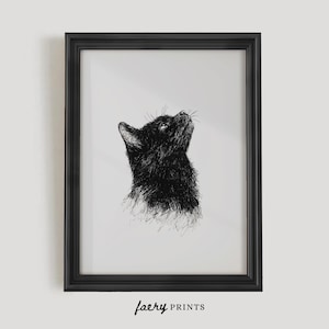 May include: Black and white line drawing of a cat looking up, printed on white paper and framed in a black frame.