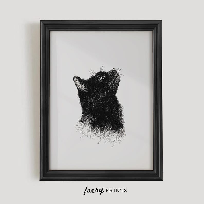 May include: Black and white line drawing of a cat looking up, printed on white paper and framed in a black frame.