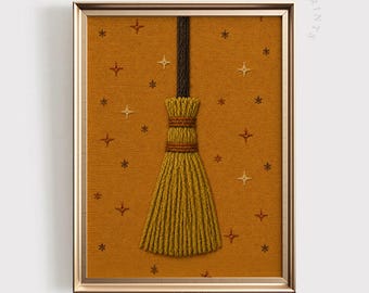 Halloween Broomstick Wall Art: Whimsical Witchy Home Decor, Embroidered Witch PRINTABLE, Spooky Retro Print (Digital Download)