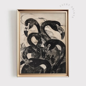 Abstract Flamingo Print | Contemporary PRINTABLE Wall Art | Vintage Black Flamingo Decor | Dark Monochrome Art | Digital Download | #1184
