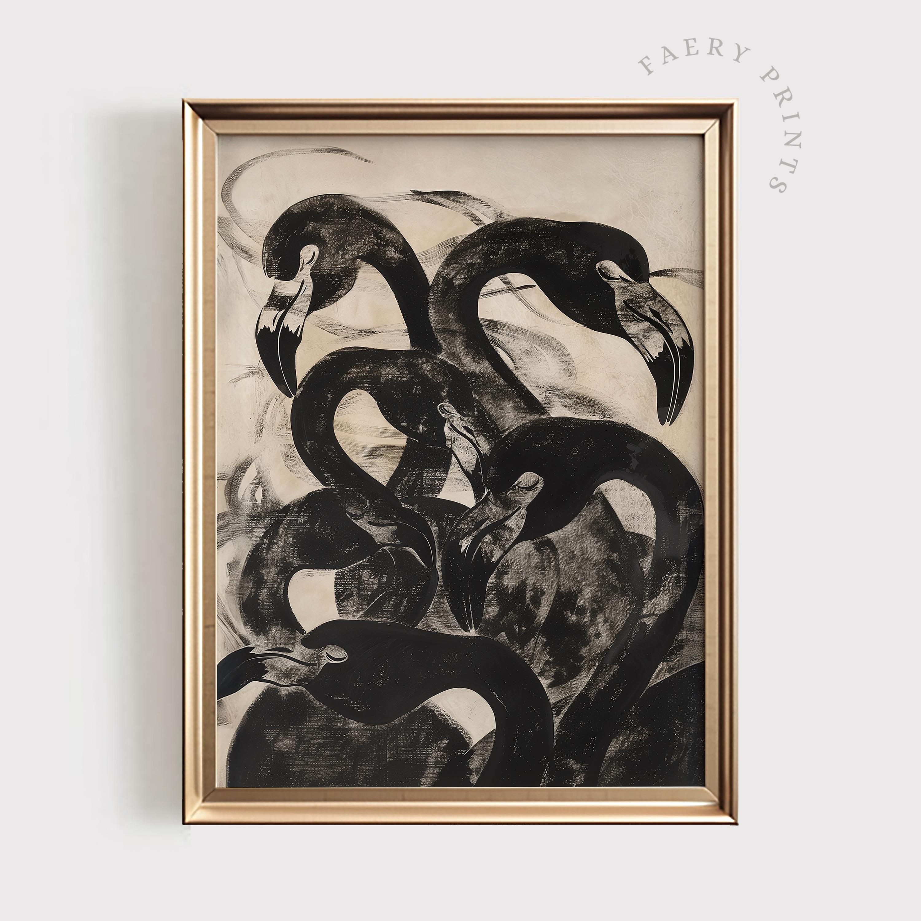 Abstrakter Flamingo Druck | Zeitgenössische DRUCKBARE Wandkunst | Vintage schwarze Flamingo-Dekor | Dunkle einfarbige Kunst | Digitaler Download | #1184
