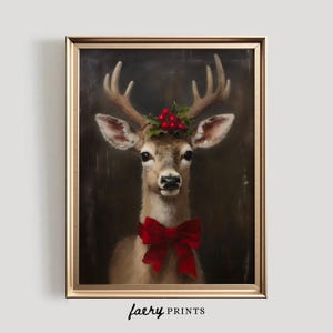 Festive Reindeer Print | Christmas PRINTABLE Wall Art | Holiday Digital Art Print | Seasonal Home Decor | Deer with Bow Oil Painting | #709