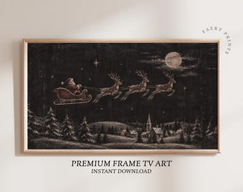 Christmas Frame TV Art: Santa on Sleigh over Christmas Village Screensaver, Reindeer & Moonlit Winter Scene (Digital Download)