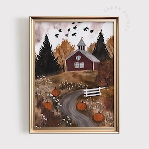 May include: Framed art print featuring a rural autumn scene. A red barn with a white fence and a winding road is surrounded by trees and pumpkins. The sky is cloudy with a flock of birds. The print is in a gold frame.
