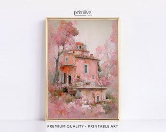 Pink European Villa Print, Dusty Rose Floral Print, Architecture Wall Decor, Pink Trees Printable Art, Abstract Digital Artwork Painting