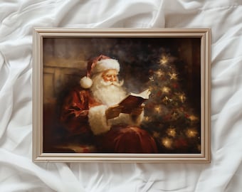 impression de Noël vintage | Art mural imprimable hiver | Livre de lecture du Père Noël imprimé | Peinture à l'huile des Fêtes | Décoration de Noël | #630