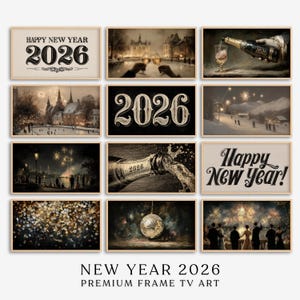 Puede incluir: Una colección de impresiones artísticas enmarcadas con temática de Año Nuevo. Las impresiones presentan imágenes de botellas de champán, fuegos artificiales y escenas festivas. El texto incluye "Happy New Year" y "2026". El arte tiene una estética vintage, sepia.