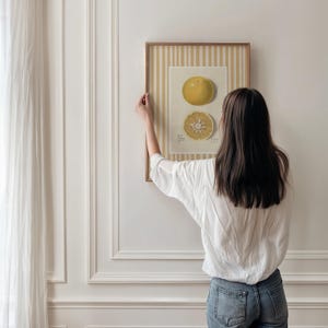 May include: A person hangs a framed print of a yellow grapefruit on a white wall. The print has a yellow and white striped background and the grapefruit is depicted in two views, whole and sliced.