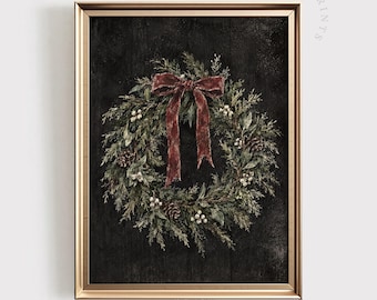 Christmas Wreath PRINTABLE Wall Art: Moody Christmas Decor , Rustic Farmhouse Wreath Art (Digital Download)