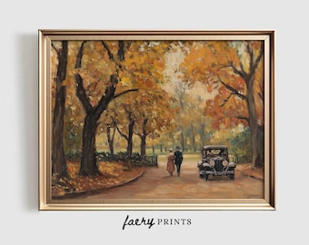 May include: A vintage painting of a couple walking through a park in autumn. The trees are a vibrant yellow and orange, and the couple is dressed in 1920s clothing. A black car is parked in the background.
