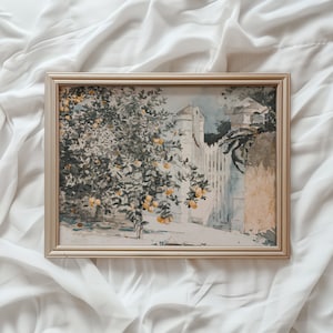 May include: A framed watercolour painting depicting a white gate with a lush orange tree in the foreground. The painting has a vintage aesthetic and features a light blue sky and green foliage.