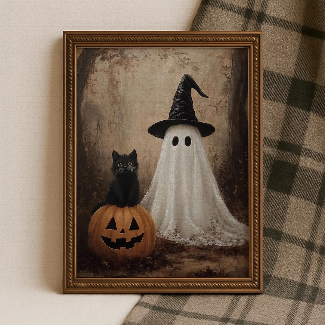 Halloween Ghost and Black Cat Art Print | Spooky Fall Decor (digital ...