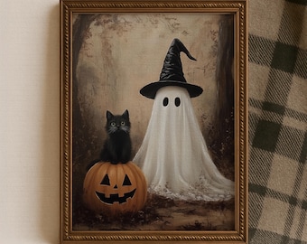 Halloween Ghost and Black Cat Art Print | Spooky Fall Decor (Digital Download)