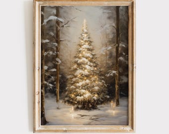 Cuadro vintage de árbol invernal / Lámina de bosque nevado (descarga digital)