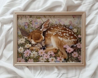 Fawn Sleeping on Flowers Print | Spring PRINTABLE Wall Art | Romantic Light Academia Woodland Animal Painting | Floral Spring Decor | #829