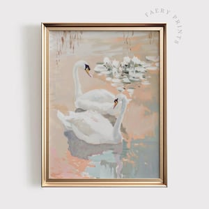 Pastelkleurige zwaan AFDRUKBARE Art Print | Zachte bloemenzwanen in waterverfschilderij | Perzikroze kleurenpalletprint | Huisdecoratie vrouwelijk zwaan | #810