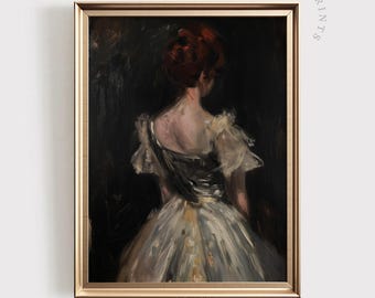 May include: A painting of a woman in a white dress with a dark bodice, standing with her back to the viewer. Her hair is pulled back and she is wearing a simple, elegant dress.