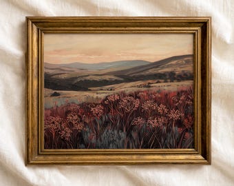 Moody Maroon Wildflower Landscape Print: Dark Vintage Wall Art (Printable)