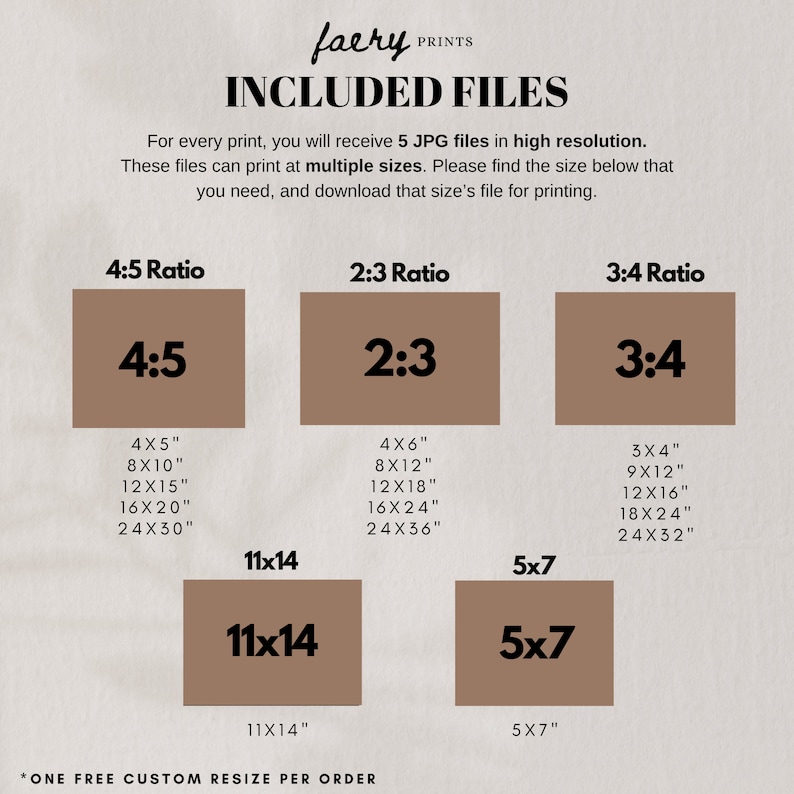 May include: A graphic showing different aspect ratios for digital prints. The ratios are 4:5, 2:3, and 3:4. Each ratio has a list of different sizes in inches, including 4x5, 8x10, 12x15, 16x20, and 24x30. The text "*ONE FREE CUSTOM RESIZE PER ORDER" is at the bottom of the graphic.