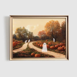 Little Ghosts in Vintage Painting | Halloween PRINTABLE Art | Fall Pumpkin Patch Wall Art Print | Autumn Landscape Artwork | #592