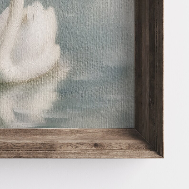 May include: A framed painting of a white swan on a blue background. The frame is made of dark wood with a rustic finish.