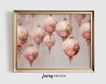 Pink Christmas Ornaments Art Print | Pastel Holiday Decor (Digital Download)