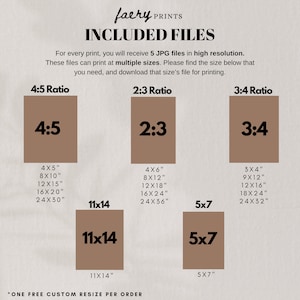May include: A graphic showing different aspect ratios for digital prints, with measurements in inches. The aspect ratios are 4:5, 2:3, and 3:4. The graphic includes the text "faery PRINTS" and "INCLUDED FILES".