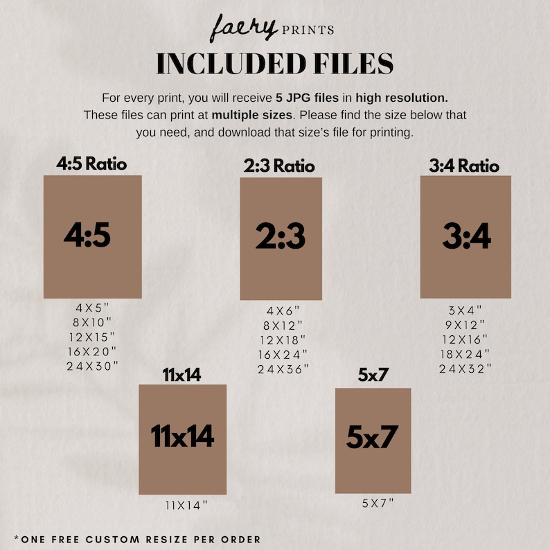 May include: A graphic showing different aspect ratios for digital prints, with measurements in inches. The aspect ratios are 4:5, 2:3, and 3:4. The graphic includes the text "faery PRINTS" and "INCLUDED FILES".