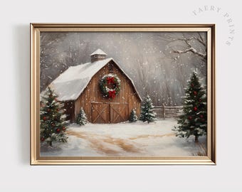 Rustic Barn Christmas Print | Vintage Snowy Farmhouse (Digital Download)