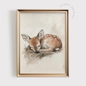May include: A watercolour painting of a fawn sleeping on the ground. The fawn is brown with white spots and has its eyes closed. The background is a light brown colour.