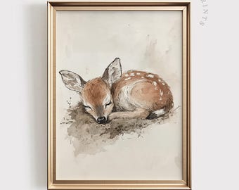Sleeping Fawn Watercolor Print | Rustic Woodland Nursery Art (Digital Download)