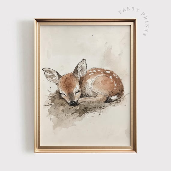 Sleeping Fawn Watercolor Print | Rustic Woodland Nursery Art (Digital Download)