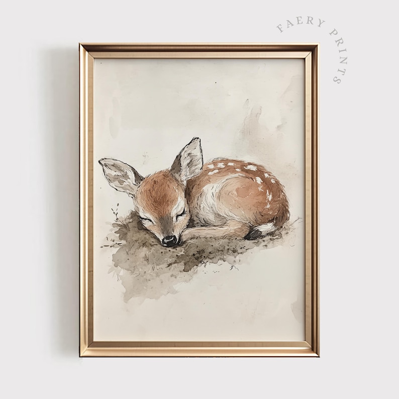 May include: A watercolour painting of a fawn sleeping on the ground. The fawn is brown with white spots and has its eyes closed. The background is a light brown colour.