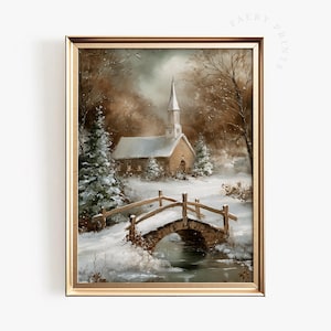 Peut inclure: Peinture encadrée d'un paysage hivernal avec une église enneigée, un pont de pierre et un cours d'eau. La scène se déroule dans une forêt enneigée avec des arbres à feuilles persistantes et des branches nues, sous un ciel nuageux. Le cadre est doré.