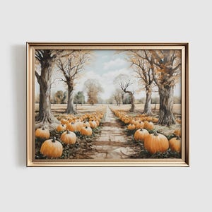 May include: A painting of a fall scene with a path leading through a field of pumpkins. The pumpkins are orange and scattered across the field. The path is lined with trees with brown leaves. The sky is blue with white clouds.
