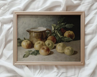 Country Apple Still Life Print | Vintage Farmhouse Kitchen PRINTABLE Wall Art | Rustic Style Golden Apple Oil Painting | #473