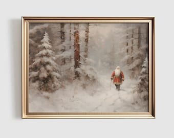 Vintage kerstman winterlandschap print | Kerstvakantiekunstwerk (digitale download)
