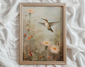 Spring Hummingbird in Wildflowers PRINTABLE Wall Art | Vintage Spring Farmhouse Decor | Pastel Cottagecore Humming Bird Print | #820