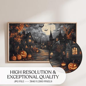 May include: A digital painting of a spooky Halloween scene with a full moon, bats, and a row of houses with lit windows. There are jack-o'-lanterns in the foreground.