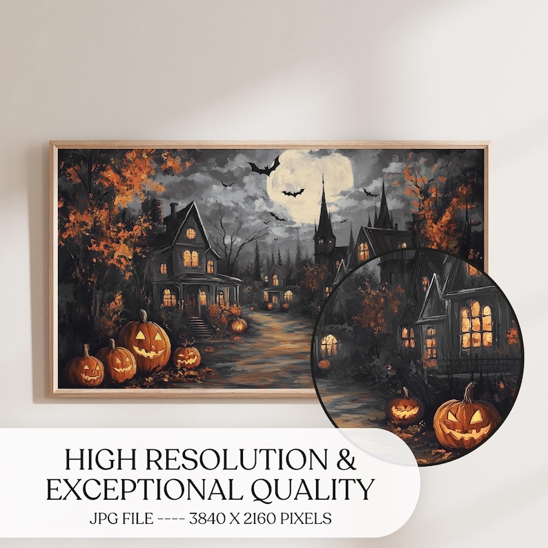 May include: A digital painting of a spooky Halloween scene with a full moon, bats, and a row of houses with lit windows. There are jack-o'-lanterns in the foreground.