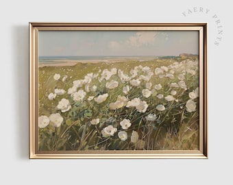 Wildflower Landscape PRINTABLE Wall Art | White Flower Field Countryside Landscape Print | Country Coastal Painting | Digital Download #852