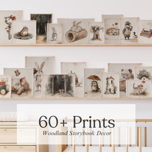 Wald Kinderzimmer Print Set | Storybook DRUCKBARE Wand Kunst Bundle | Rustikales Babyzimmer Dekor | Vintage Cottagecore Tierkunst fürs Kinderzimmer | SET049