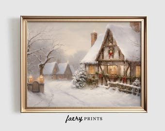 Winter Landhaus Druck | Rustikales Weihnachtsdorf (Digital Download)