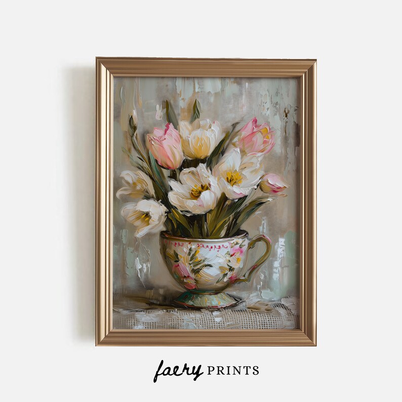 May include: A painting of a bouquet of white and pink tulips in a vintage teacup. The teacup has a floral pattern and is sitting on a lace tablecloth. The background is a muted gray with brushstrokes.