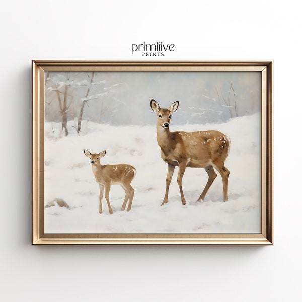 Art mural cerf | Art mural imprimable hiver | Tableau paysage enneigé | Imprimé hiver blanc | Imprimé chevreuil et faon | #673