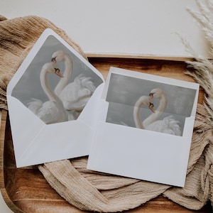 May include: Two white swans with their necks intertwined, a romantic image printed on a white card with a light blue background. The card is inside a white envelope.