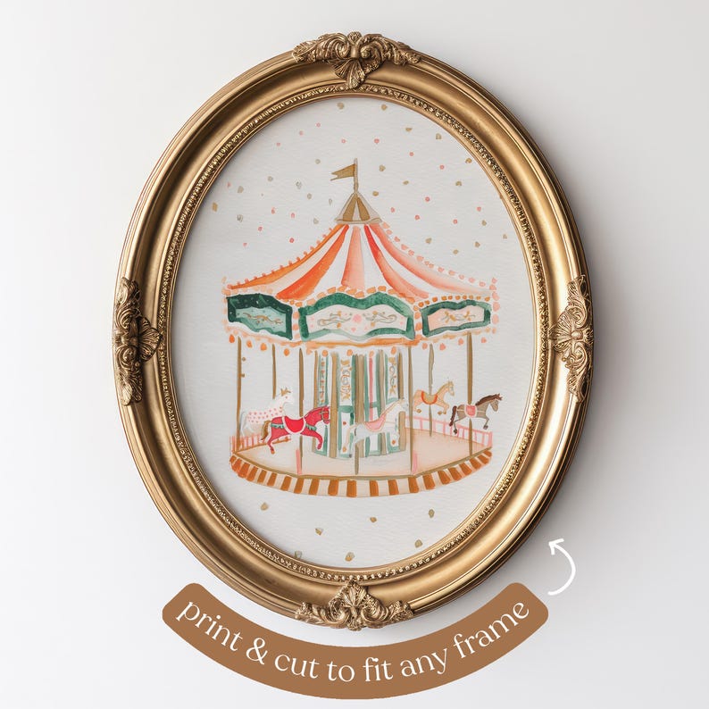 May include: A gold oval frame with a white background and a watercolour illustration of a carousel with colourful horses and a green and orange canopy. The carousel is surrounded by a white background with small pink dots.