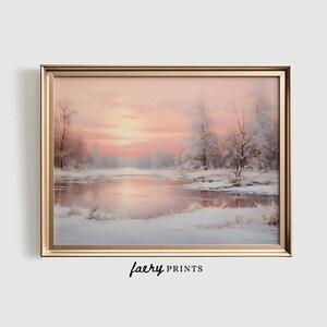 Lámina artística de paisaje invernal rosa / Decoración navideña en tonos pastel (Descarga digital) imagen 1