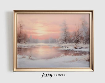 Impression d'art rose paysage d'hiver | Décoration de Noël pastel (téléchargement numérique)