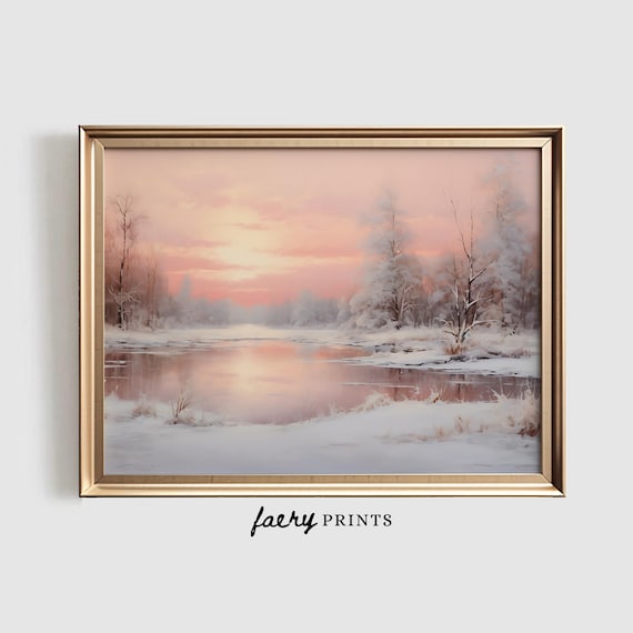 Pink Winter Landscape Art Print | Pastel Christmas Decor (Digital Download)
